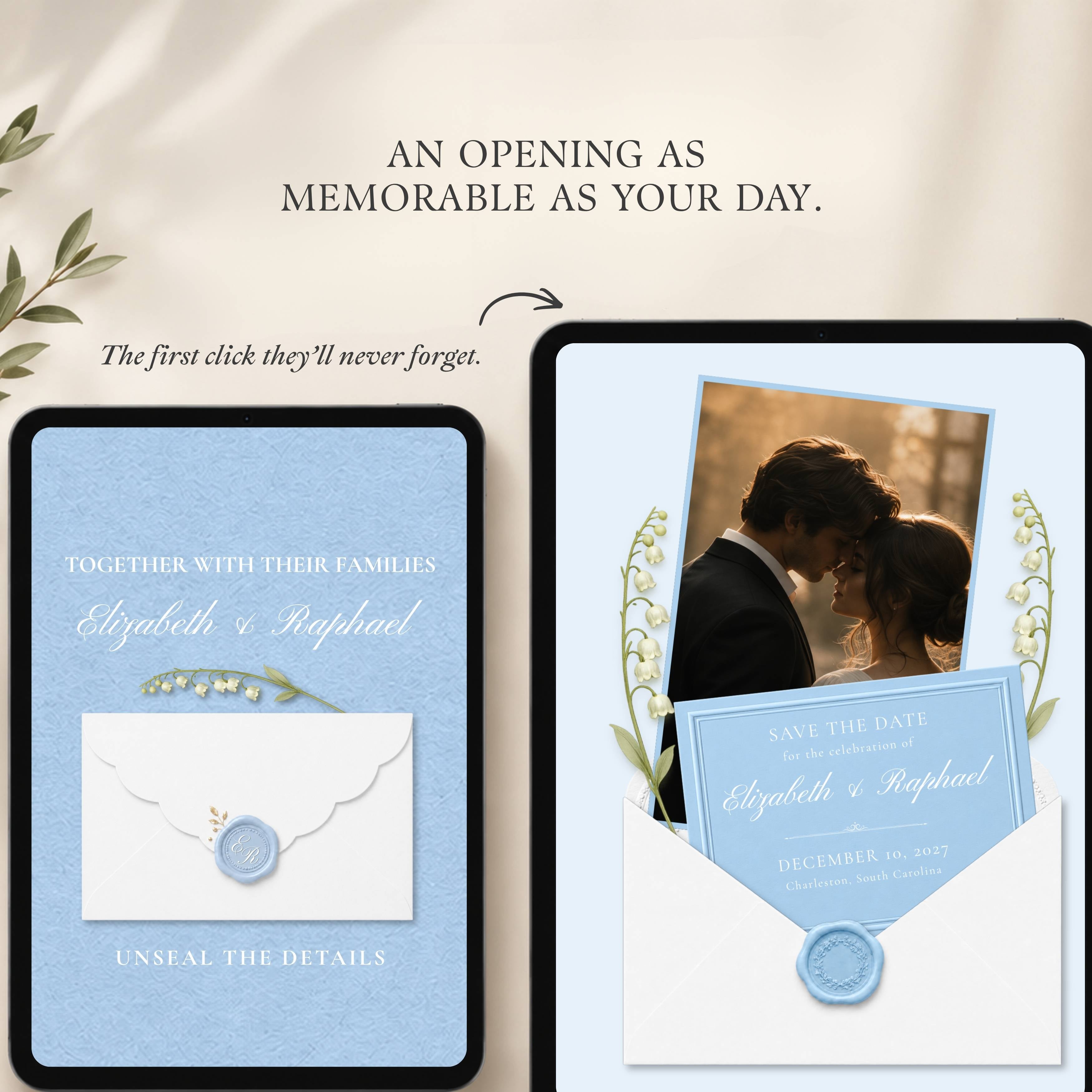 Complete walkthrough of the light blue save the date website template layout and customization features.
