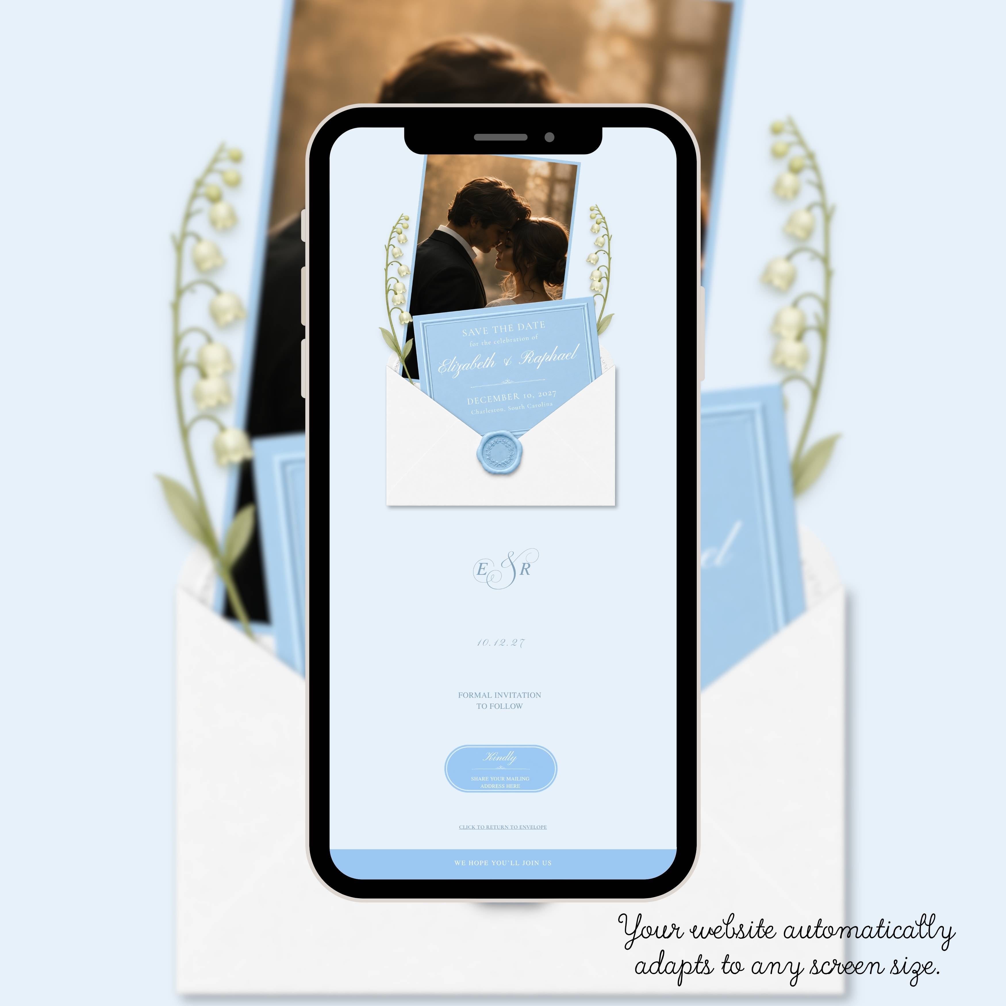 Mobile-friendly light blue save the date website with simple navigation and RSVP access.