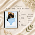 Save the date website template featuring wedding announcement details, RSVP form, and photo sections.