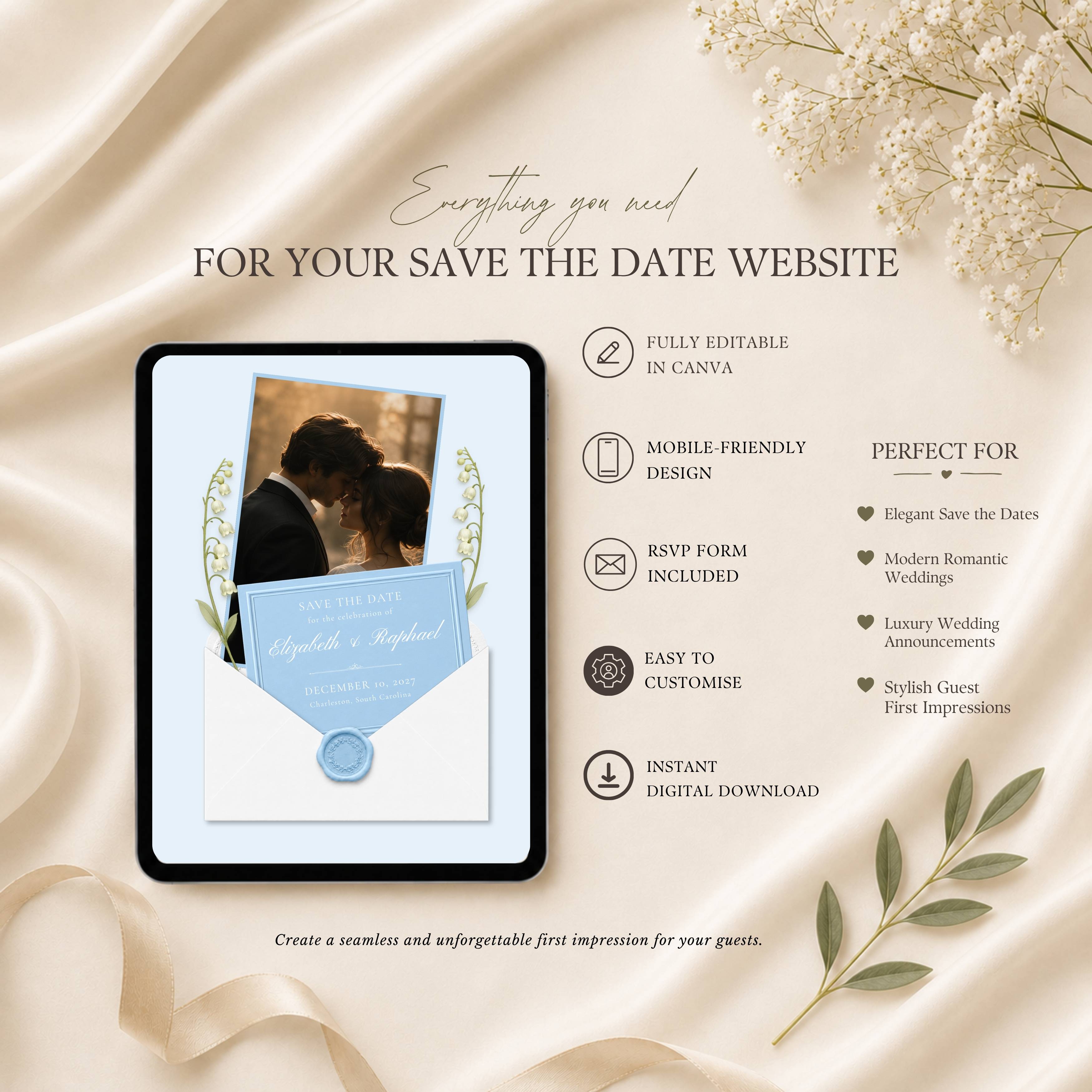 Save the date website template featuring wedding announcement details, RSVP form, and photo sections.
