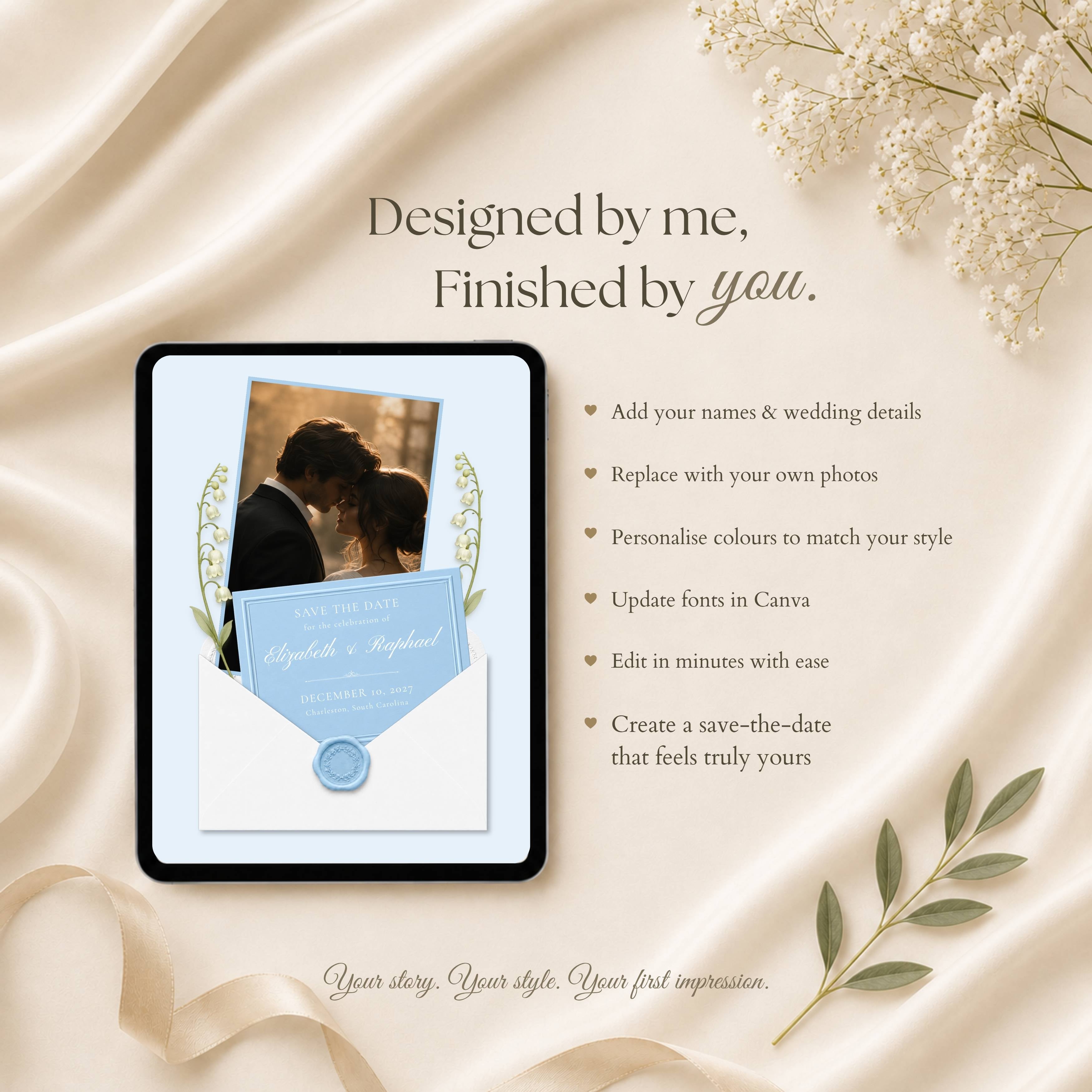Editable Canva save the date website template with customizable colors, fonts, text, and photos.