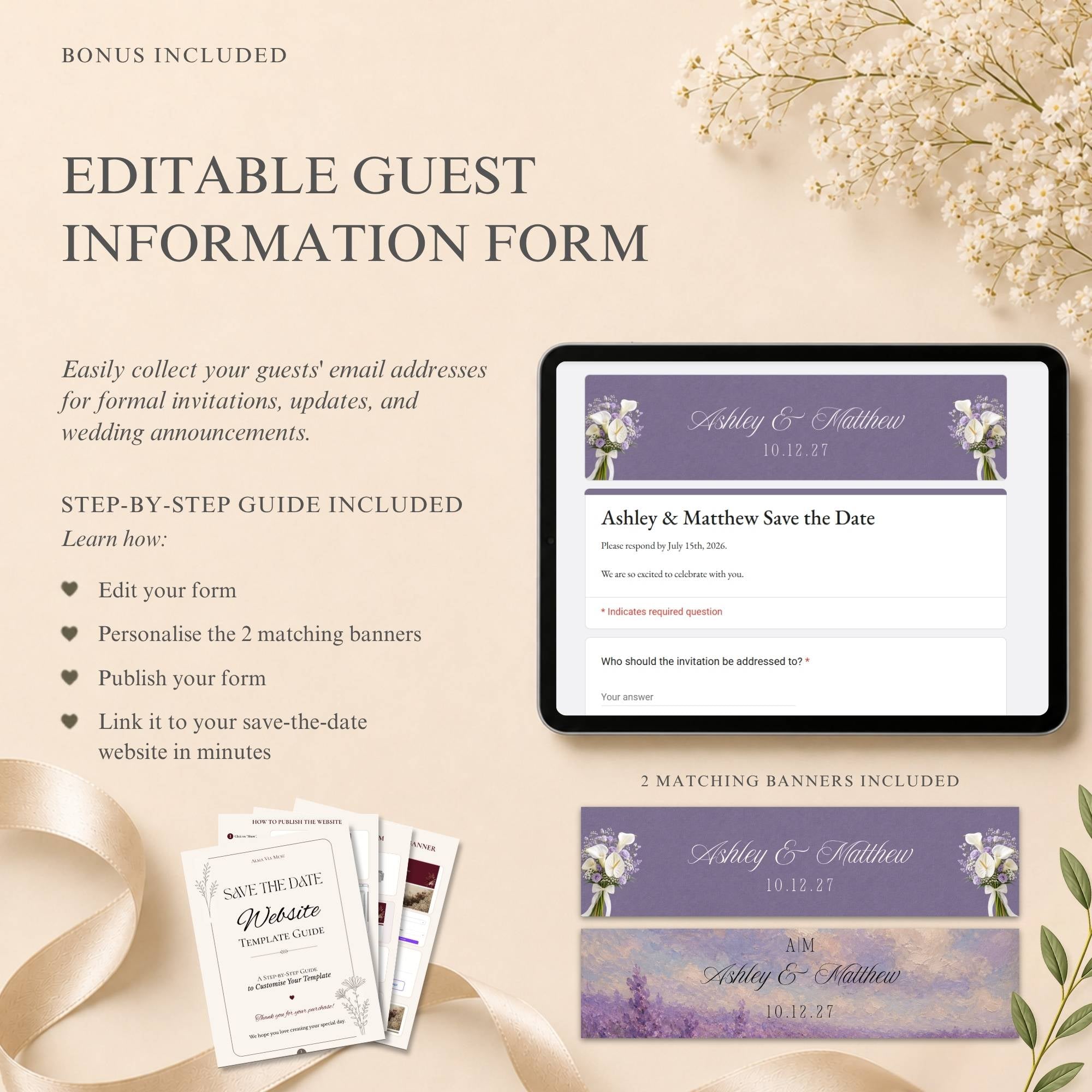 Lavender wedding website template for online save the date announcement