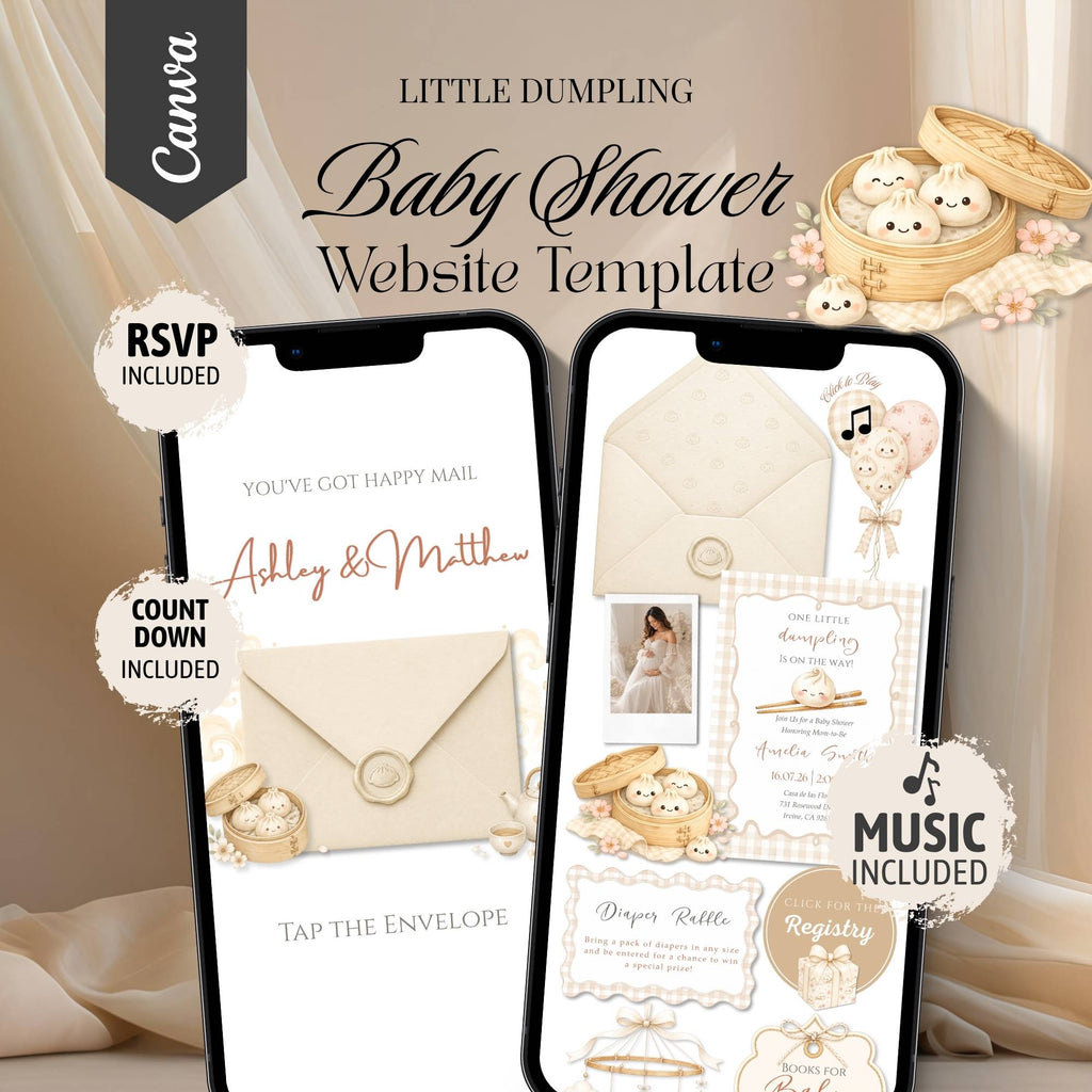 Little Dumpling baby shower website template featuring an interactive baby shower website with RSVP.