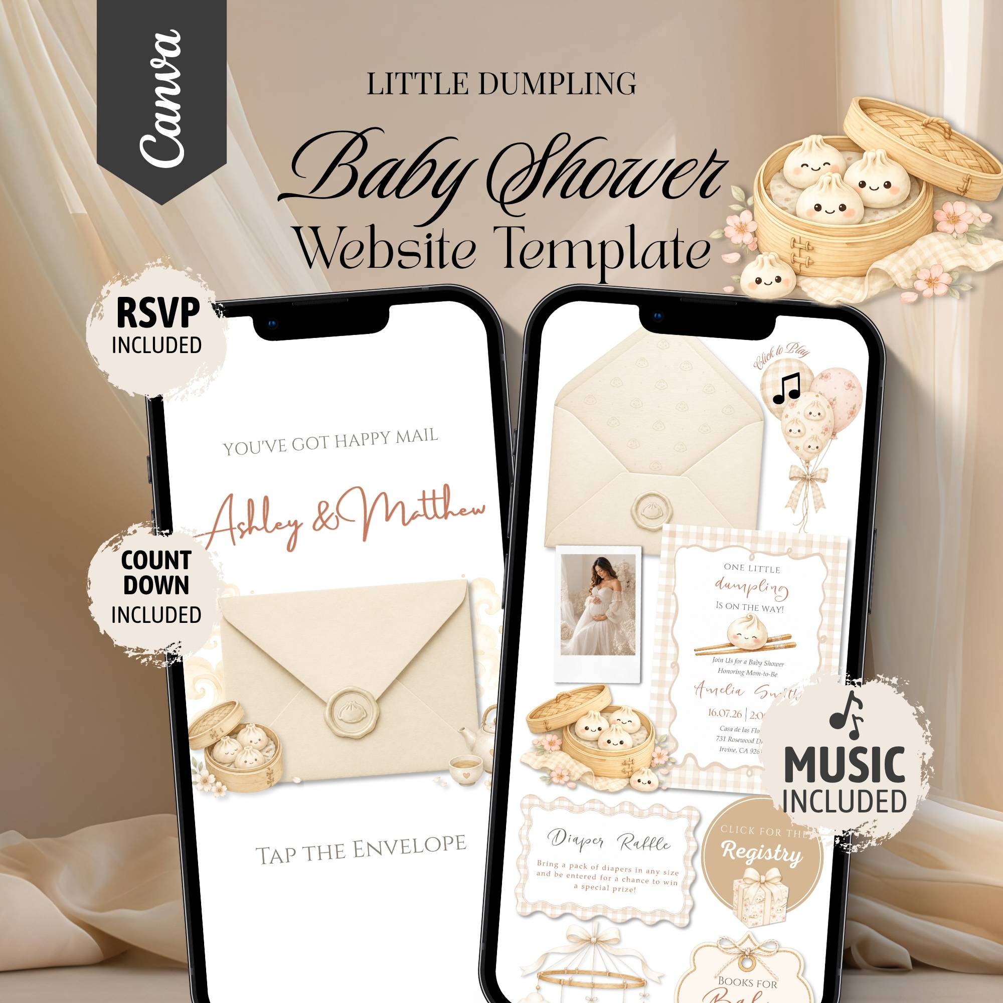 Little Dumpling baby shower website template featuring an interactive baby shower website with RSVP.