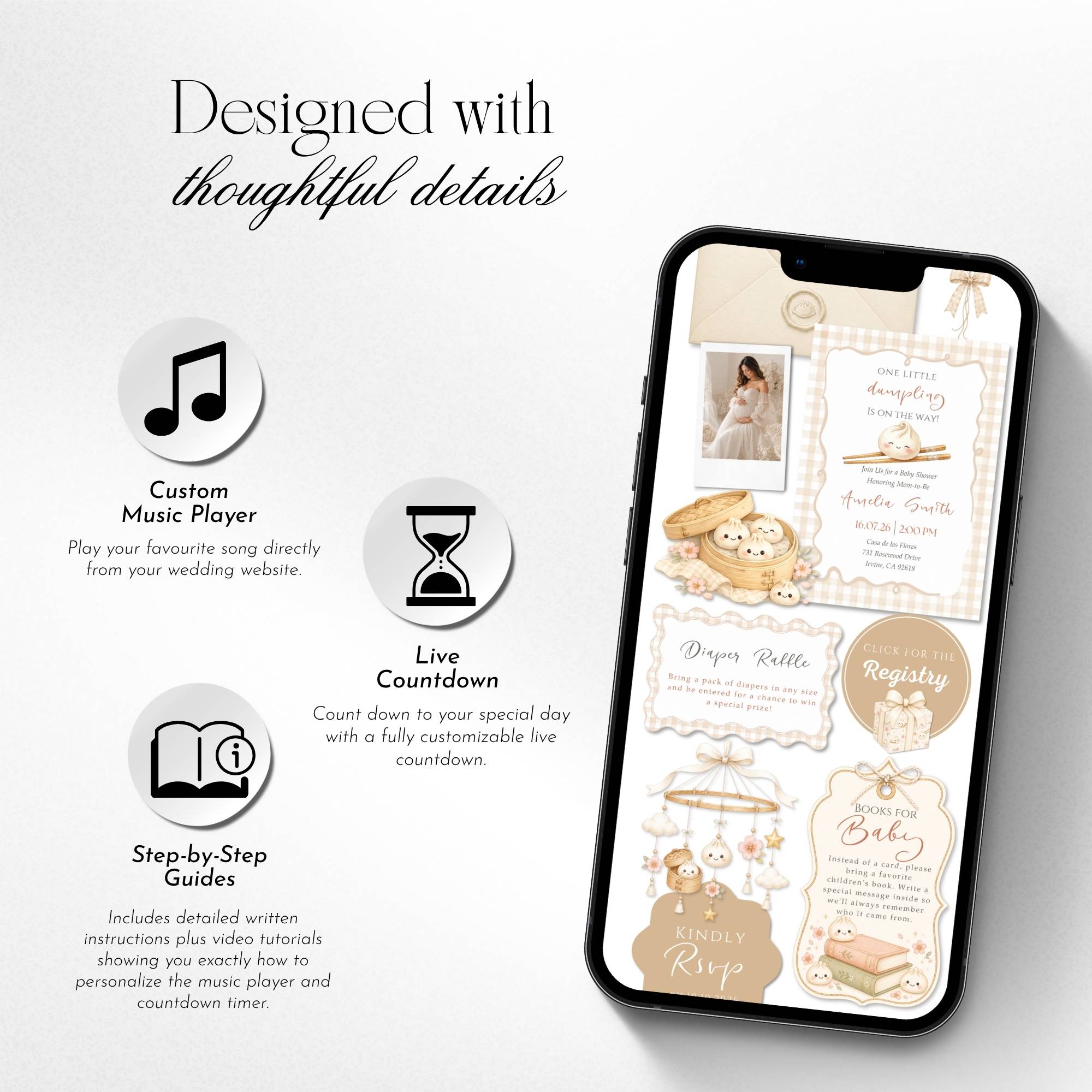 Baby shower website template featuring invitation details, RSVP form, registry, countdown, and music.