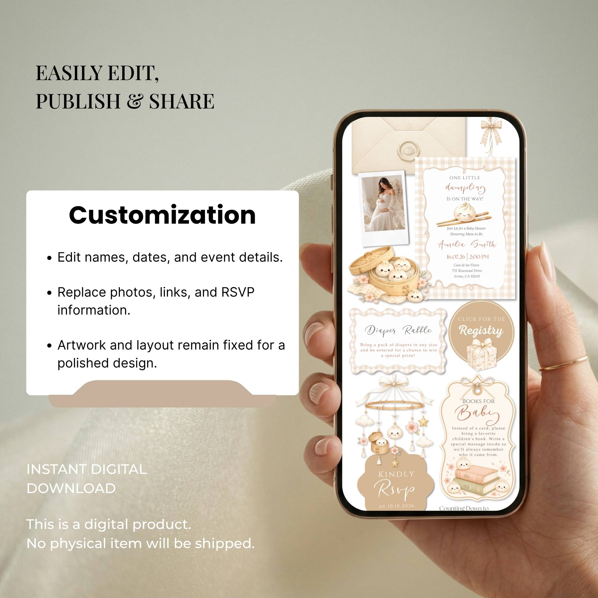 Editable Canva baby shower website template with customizable colors, fonts, text, and photos.