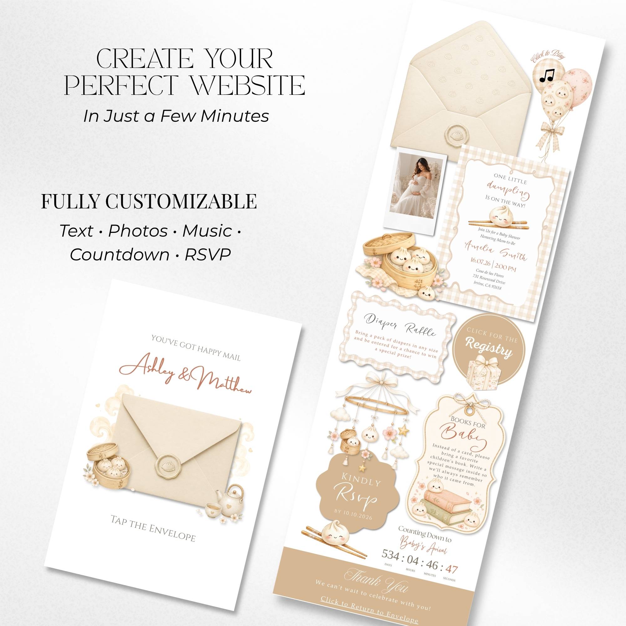 Baby shower website template including homepage, RSVP page, registry, countdown, and event details.