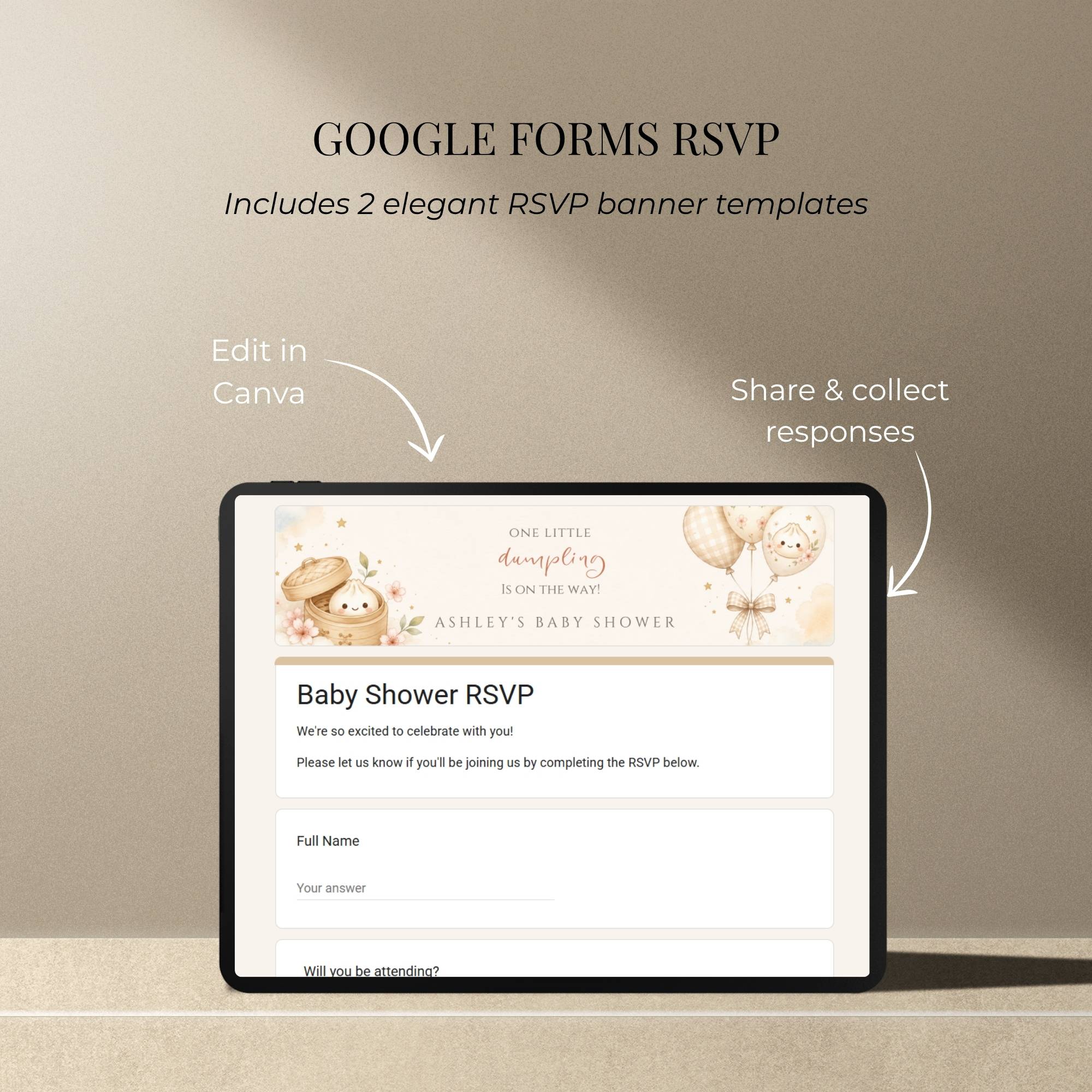 Baby shower RSVP website with integrated online guest response collection.