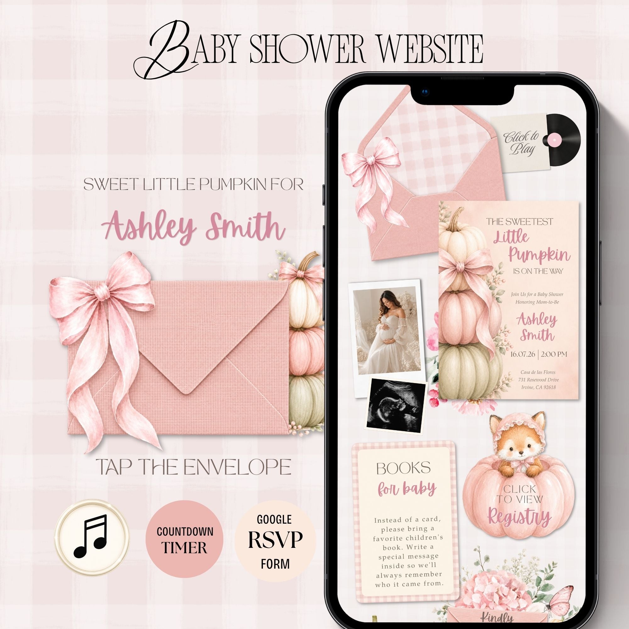 Little Pumpkin baby shower website template featuring an interactive baby shower website with RSVP.