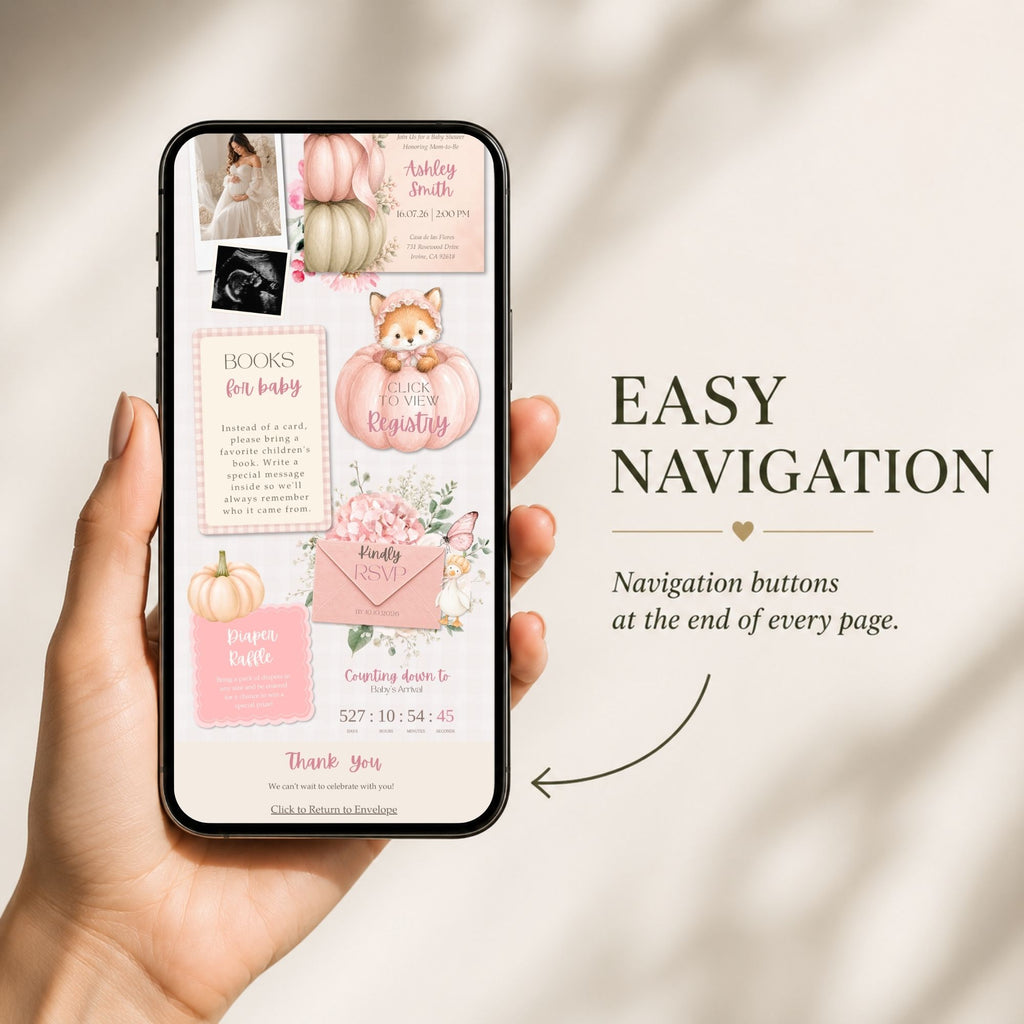 Mobile-friendly Little Pumpkin baby shower website with simple navigation and RSVP access.
