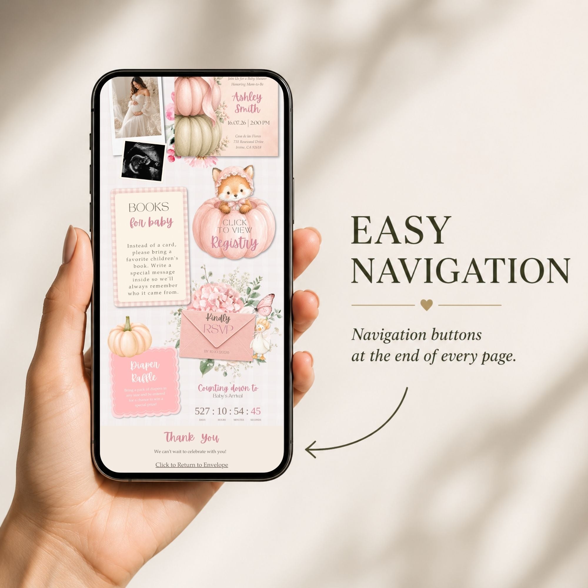 Mobile-friendly Little Pumpkin baby shower website with simple navigation and RSVP access.