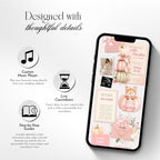 Baby shower website template featuring invitation details, RSVP form, registry, countdown, and music.