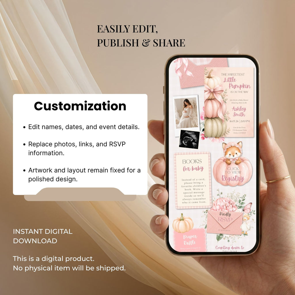 Editable Canva baby shower website template with customizable colors, fonts, text, and photos.