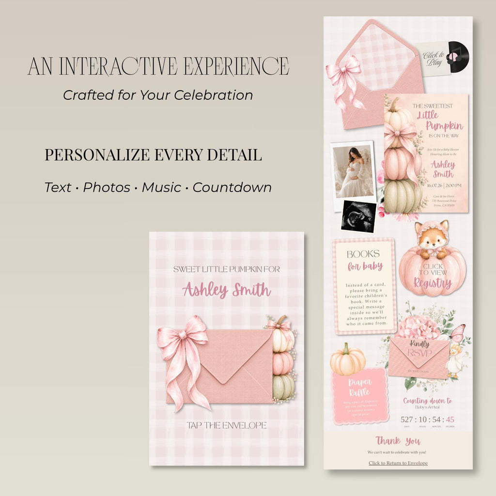 Baby shower website template including homepage, RSVP page, registry, countdown, and event details.