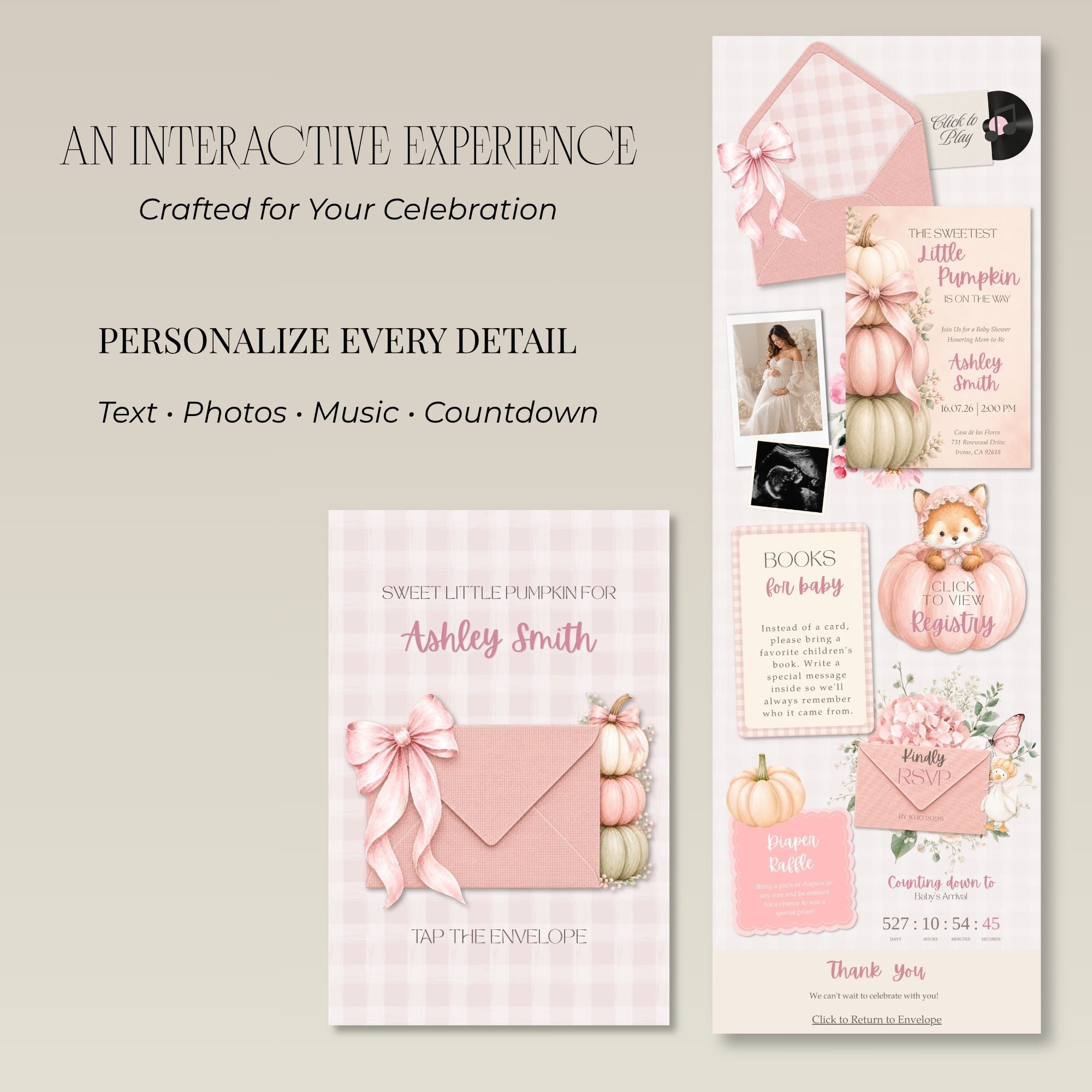 Baby shower website template including homepage, RSVP page, registry, countdown, and event details.