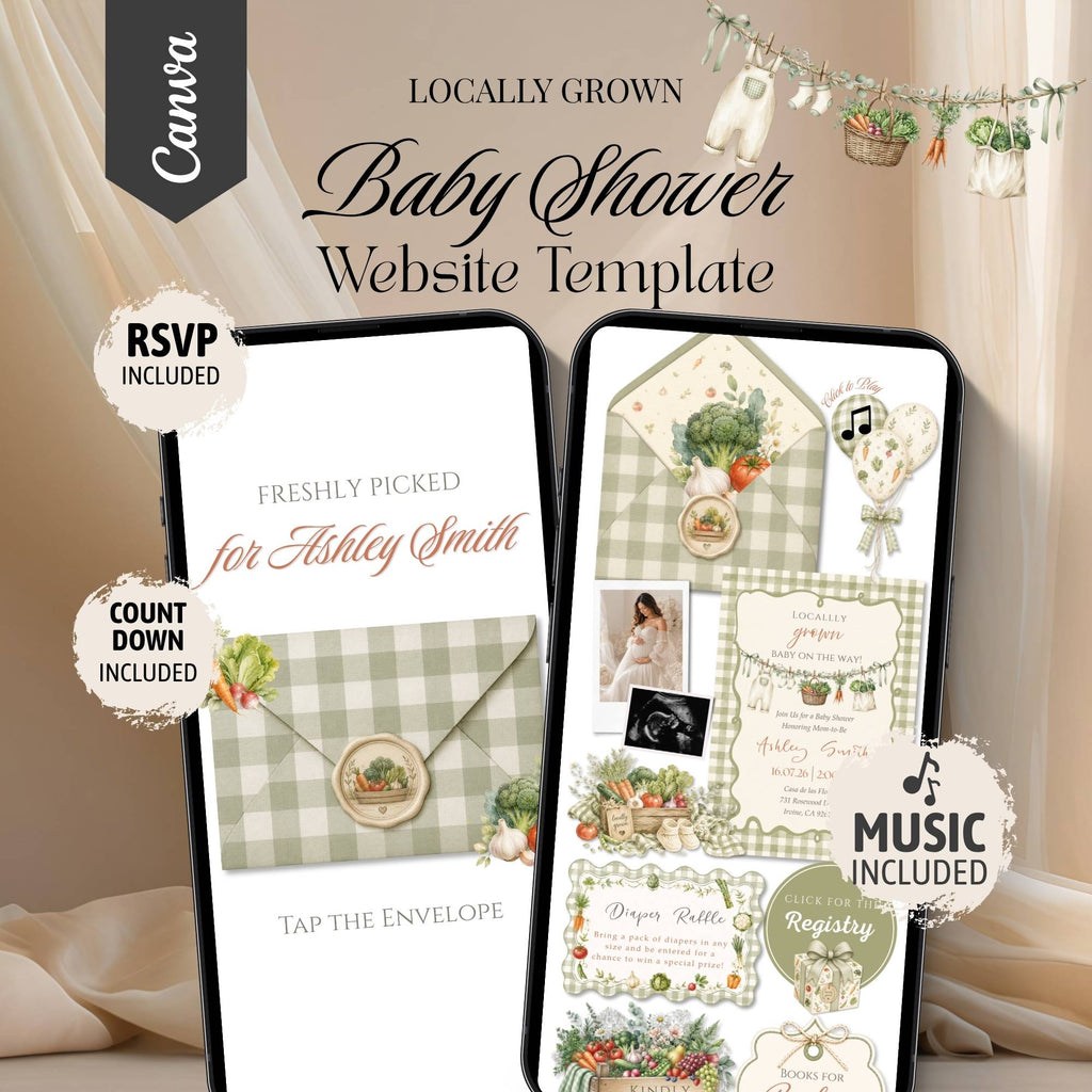 Locally Grown baby shower website template featuring an interactive baby shower website with RSVP.