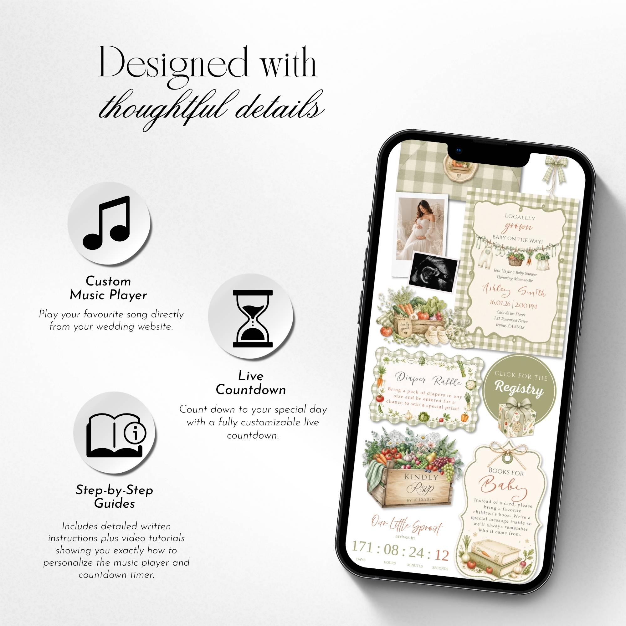 Baby shower website template featuring invitation details, RSVP form, registry, countdown, and music.