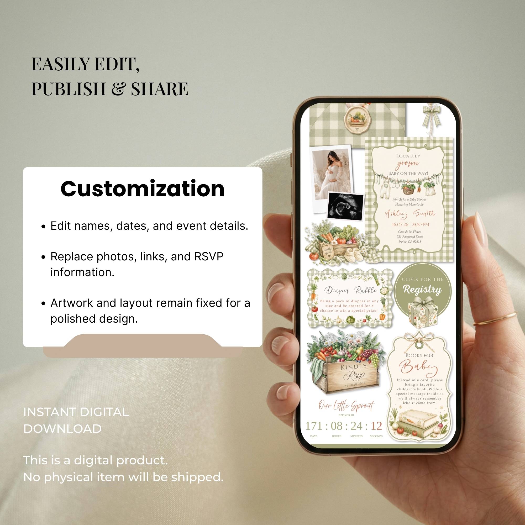 Editable Canva baby shower website template with customizable colors, fonts, text, and photos.