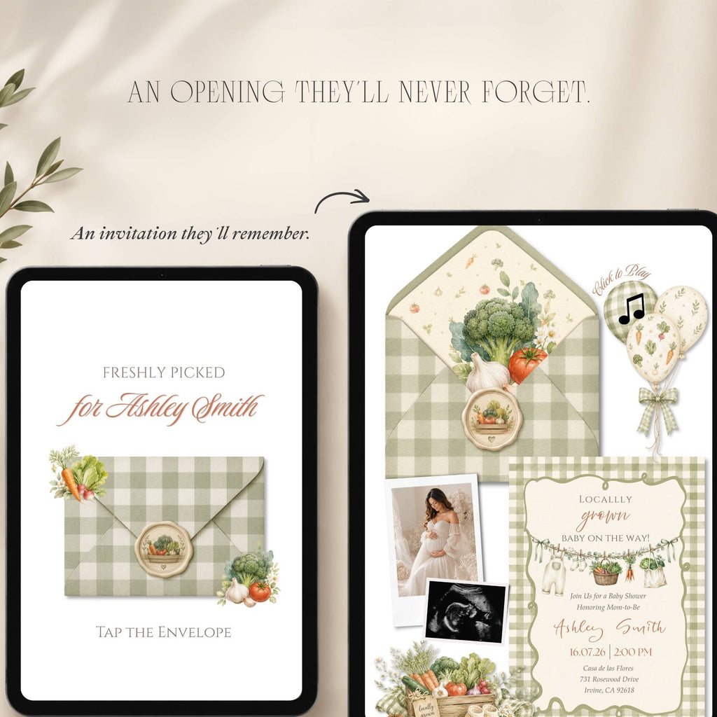 Fully editable Locally Grown baby shower website template designed in Canva.