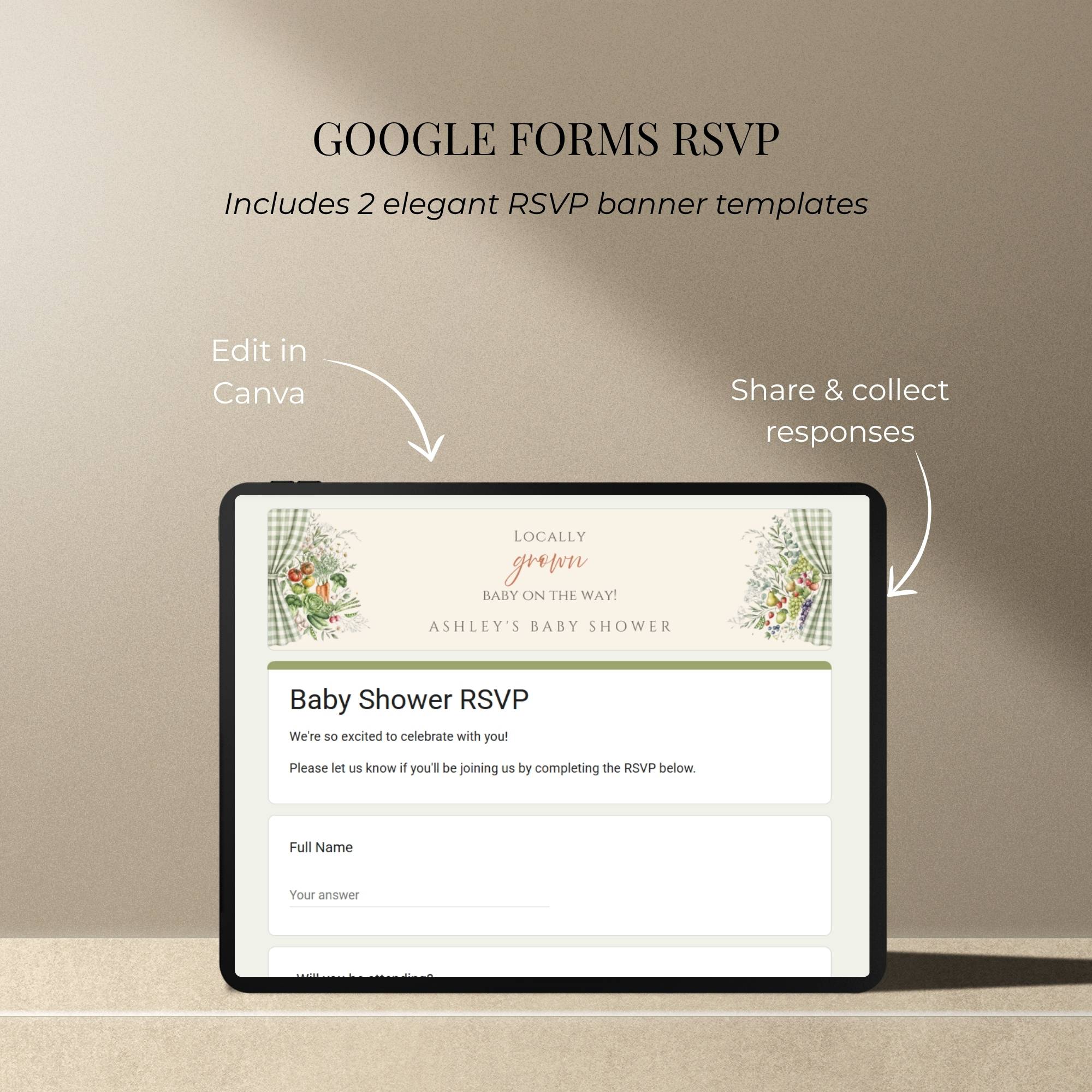 Baby shower RSVP website with integrated online guest response collection.