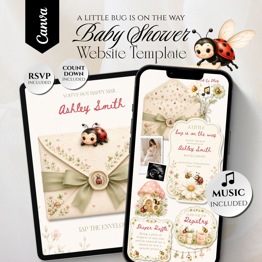 Love Bug baby shower website template featuring an interactive baby shower website with RSVP.