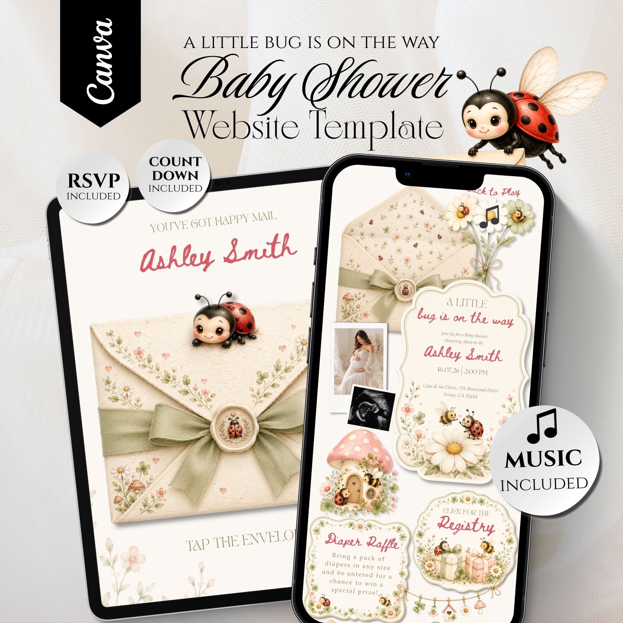 Love Bug baby shower website template featuring an interactive baby shower website with RSVP.