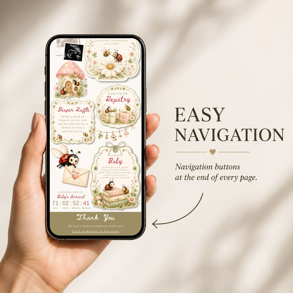 Mobile-friendly Love Bug baby shower website with simple navigation and RSVP access.