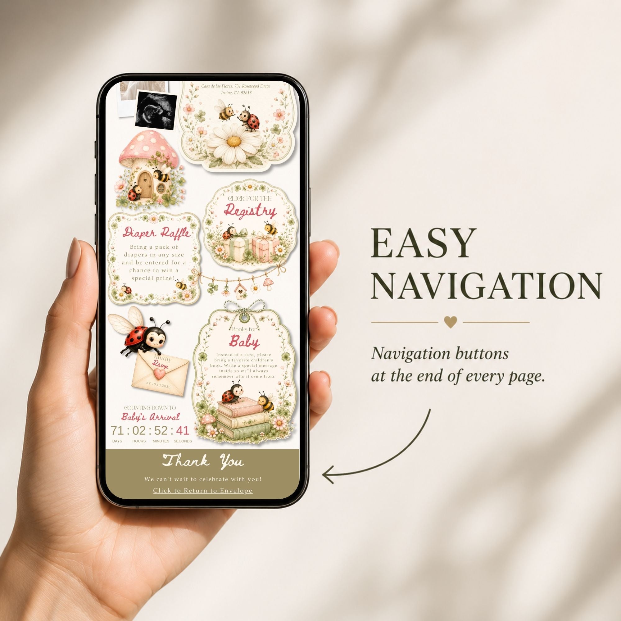 Mobile-friendly Love Bug baby shower website with simple navigation and RSVP access.