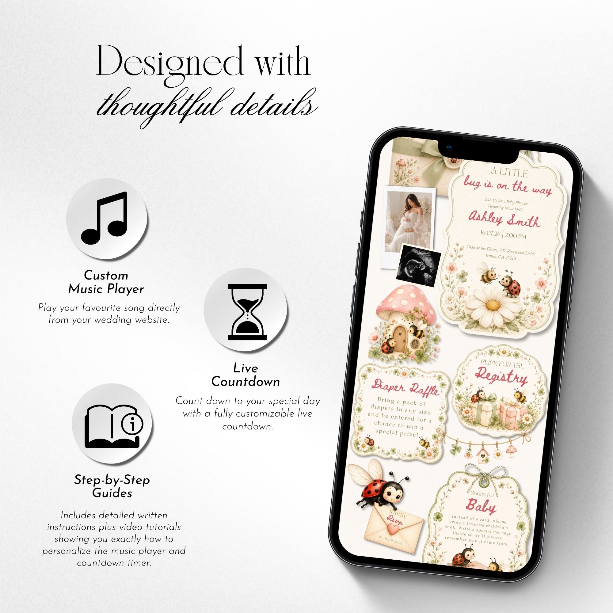 Baby shower website template featuring invitation details, RSVP form, registry, countdown, and music.