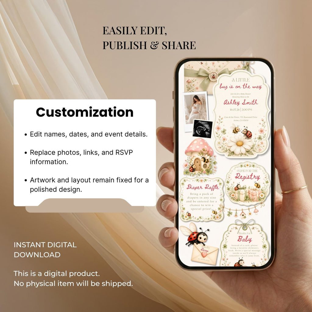 Editable Canva baby shower website template with customizable colors, fonts, text, and photos.