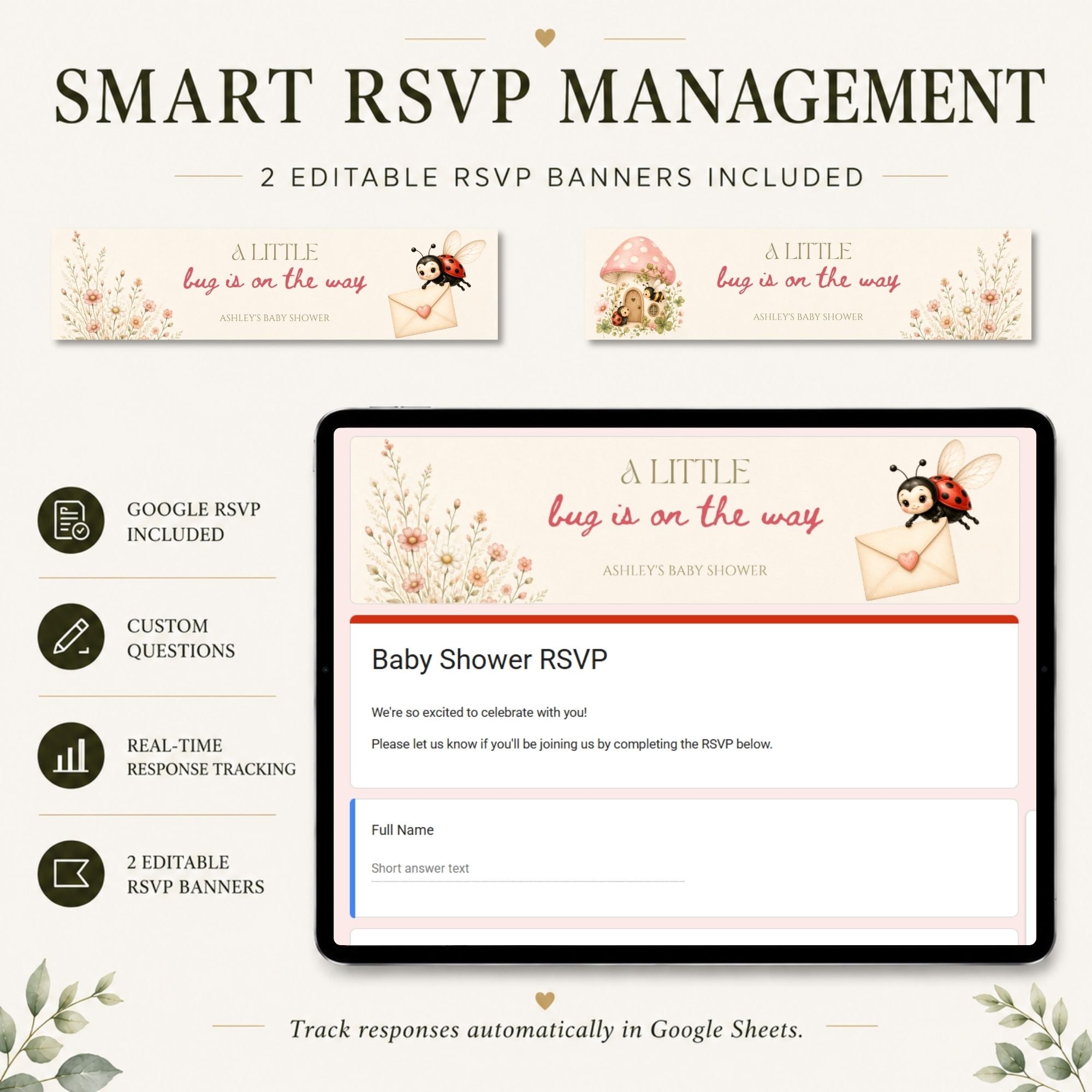 Baby shower RSVP website with integrated online guest response collection.