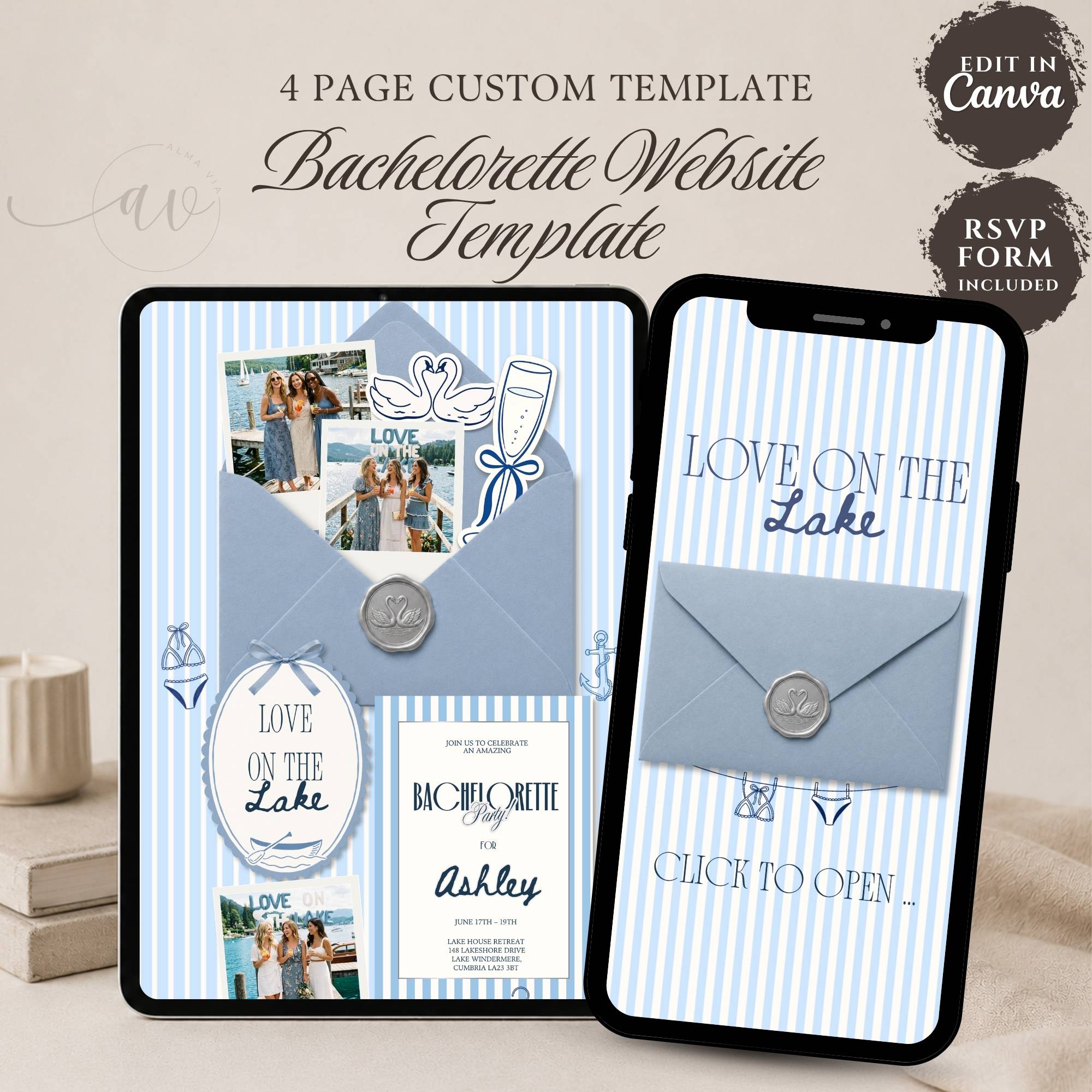 Love on the Lake bachelorette website template with editable Canva design and RSVP form for a lake weekend celebration.