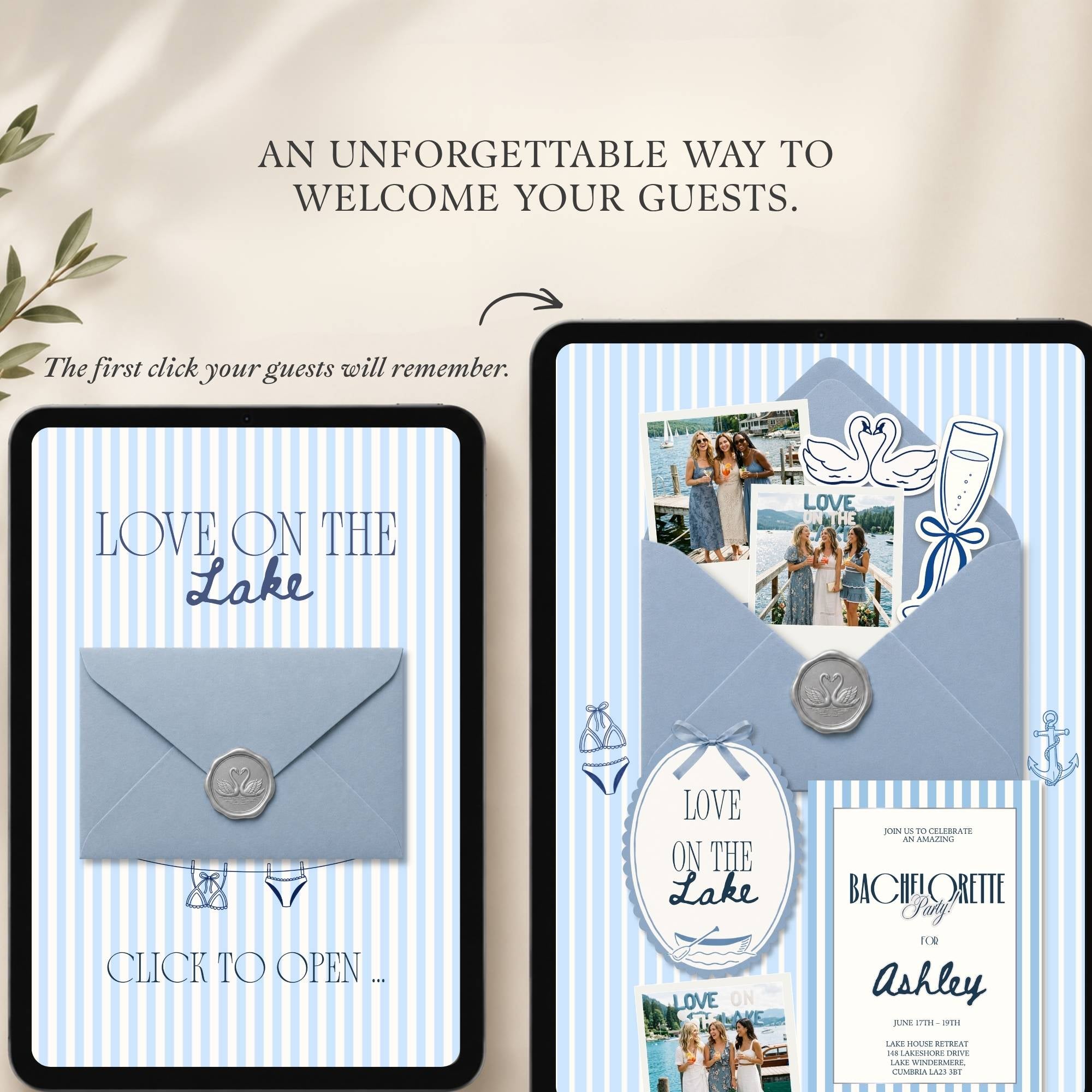 Detailed guide showing how to customize the Love on the Lake bachelorette website template in Canva.