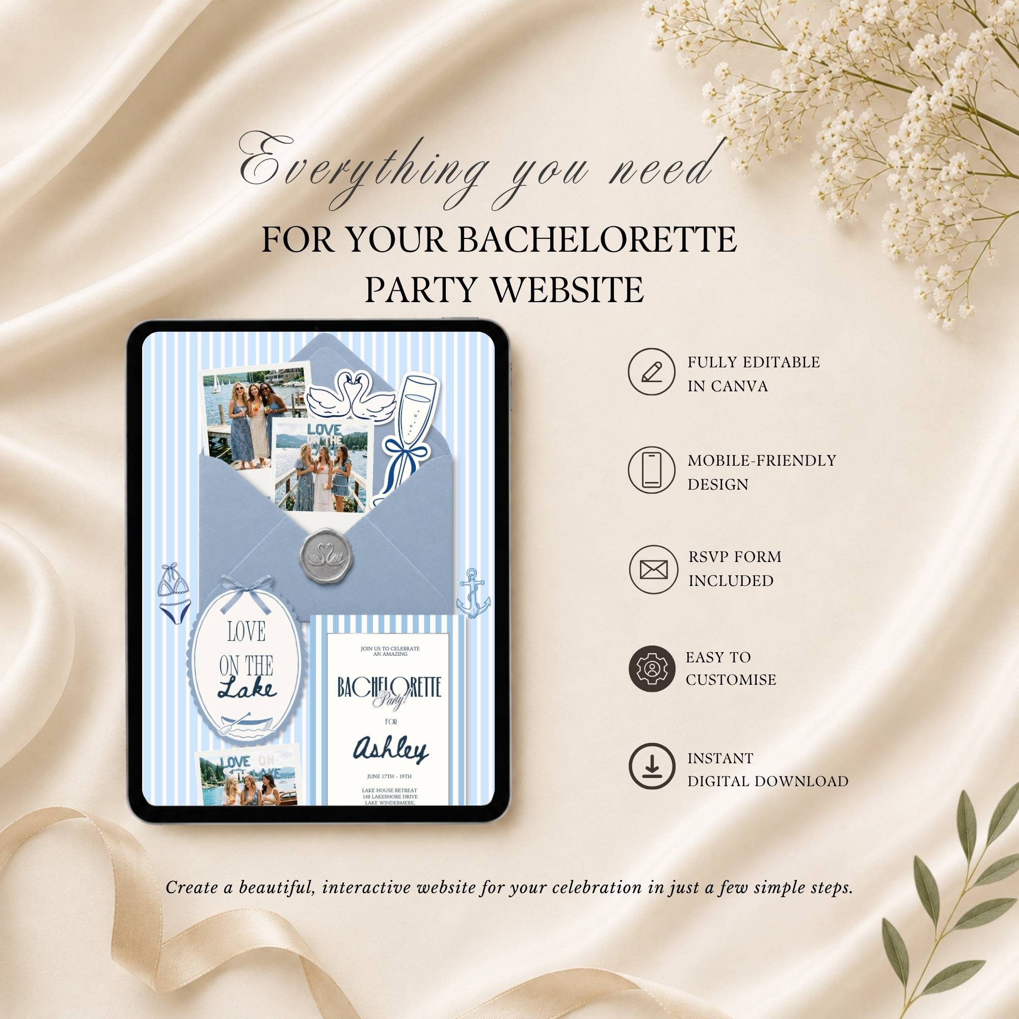 Features included in the Love on the Lake bachelorette website template with RSVP and editable pages.