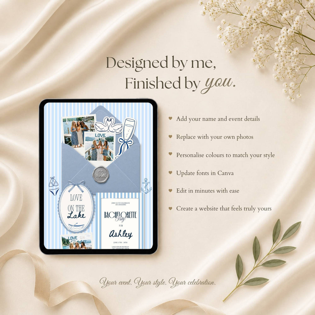 Fully customizable bachelorette website template with editable photos, itinerary details, fonts, and colors.