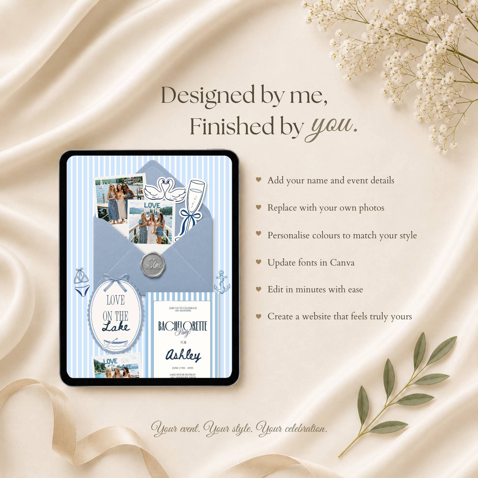 Fully customizable bachelorette website template with editable photos, itinerary details, fonts, and colors.