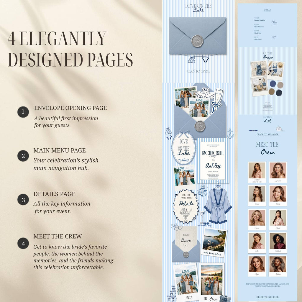 Preview of all included pages in the Love on the Lake bachelorette website template.