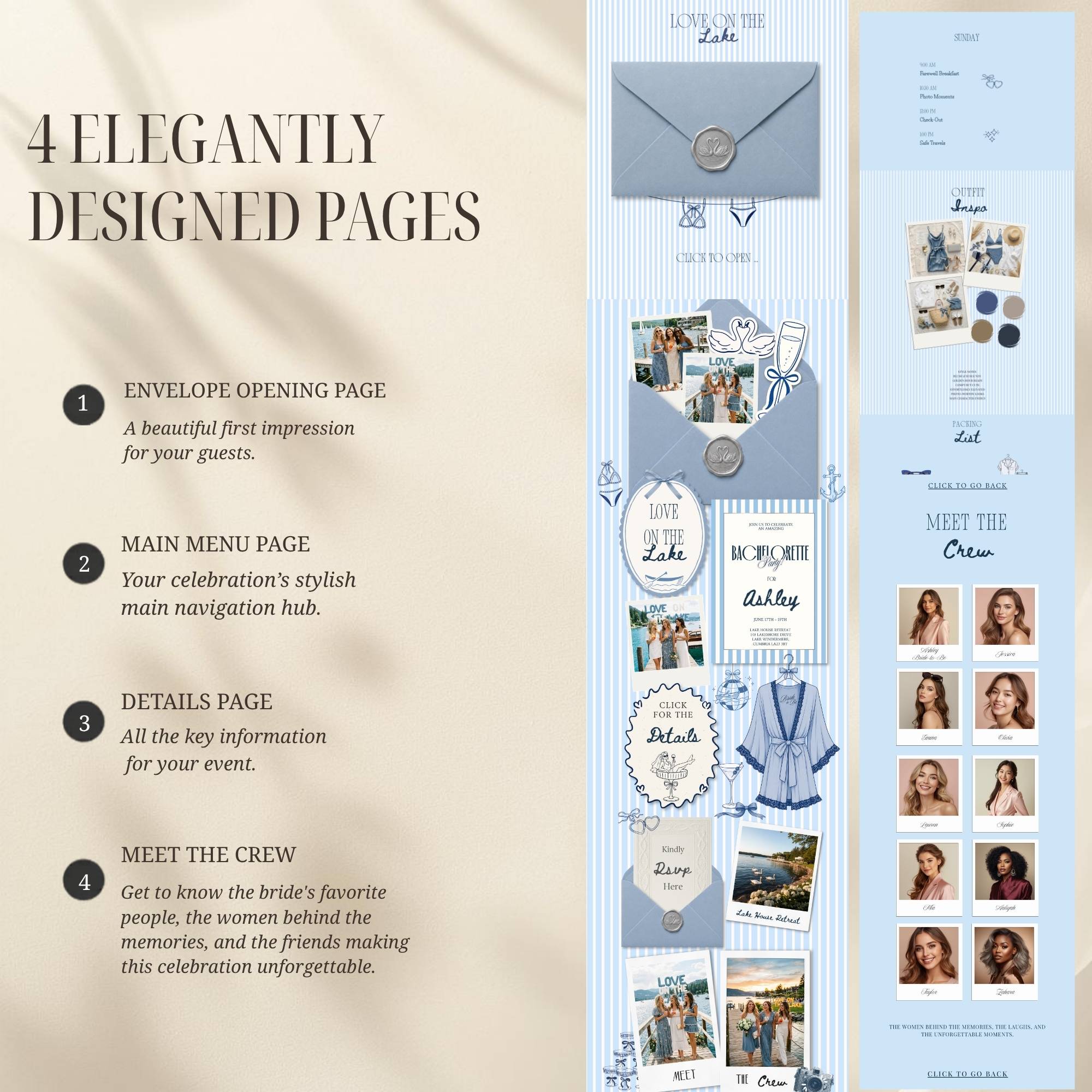 Preview of all included pages in the Love on the Lake bachelorette website template.