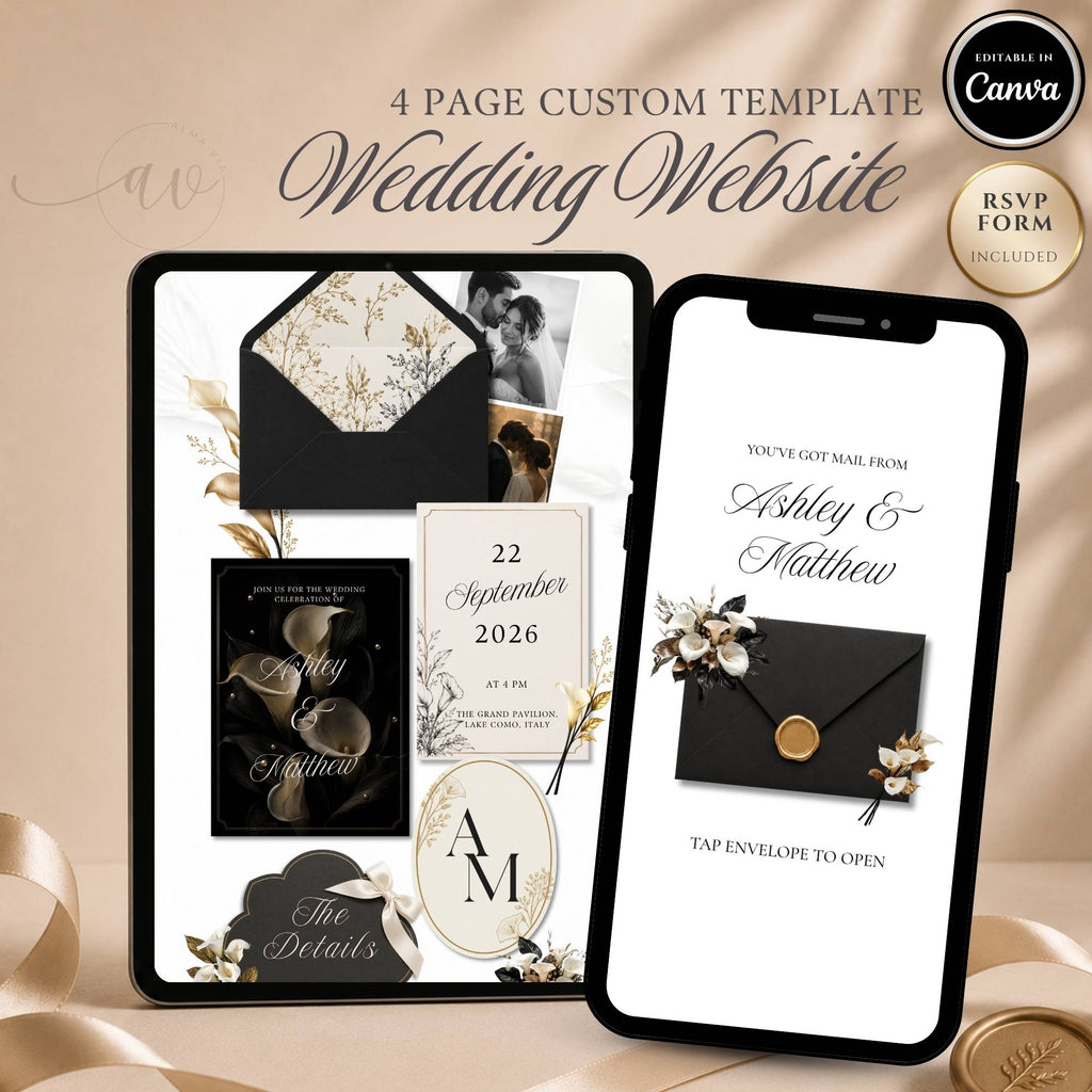 Luxury black and gold wedding website template displayed on phone and tablet with RSVP form included