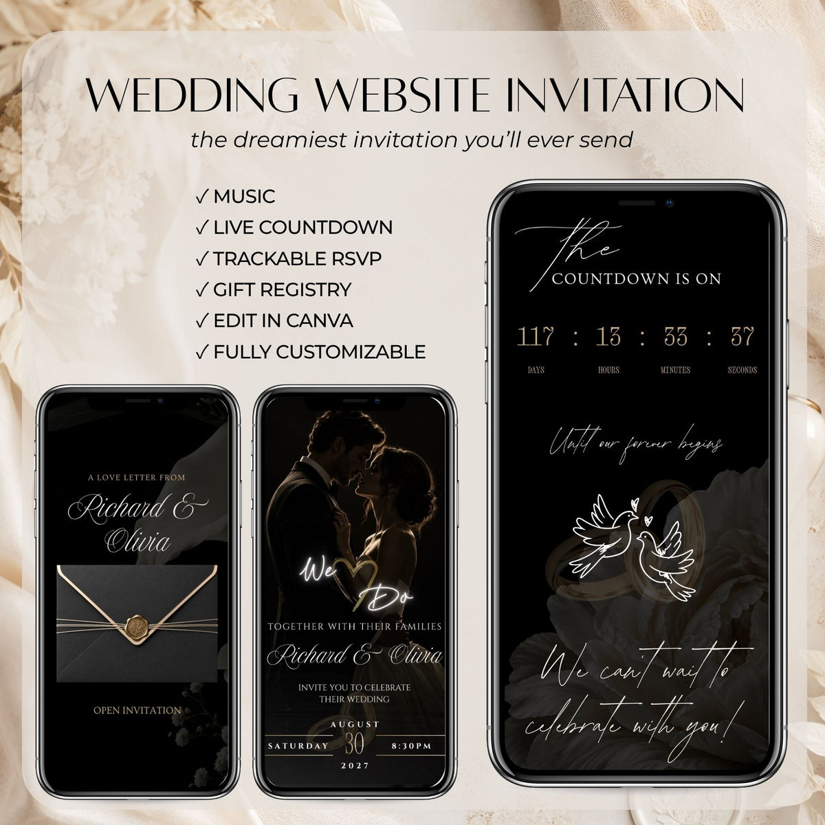 Luxury black and gold wedding website with music, live countdown, trackable RSVP, gift registry and editable Canva design.