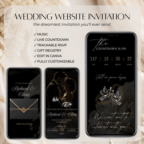 Luxury black and gold wedding website with music, live countdown, trackable RSVP, gift registry and editable Canva design.