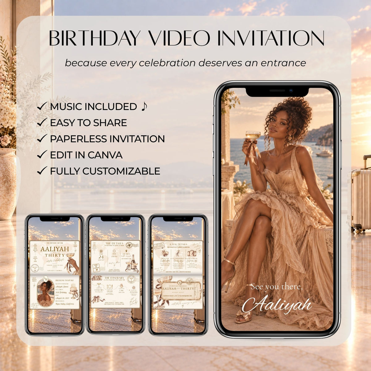 Luxury champagne birthday video invitation with music, editable Canva design and elegant passport-inspired celebration details.