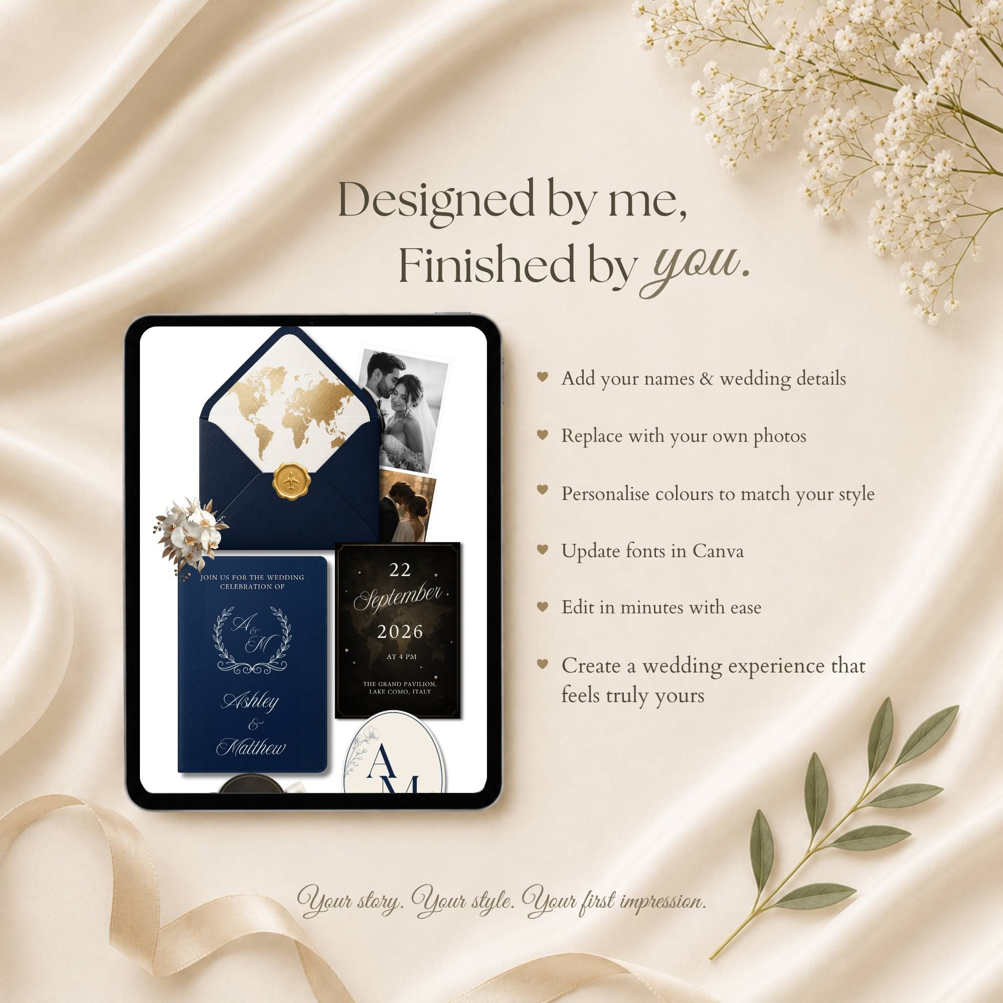 Luxury destination wedding website template with passport opening experience and RSVP form.