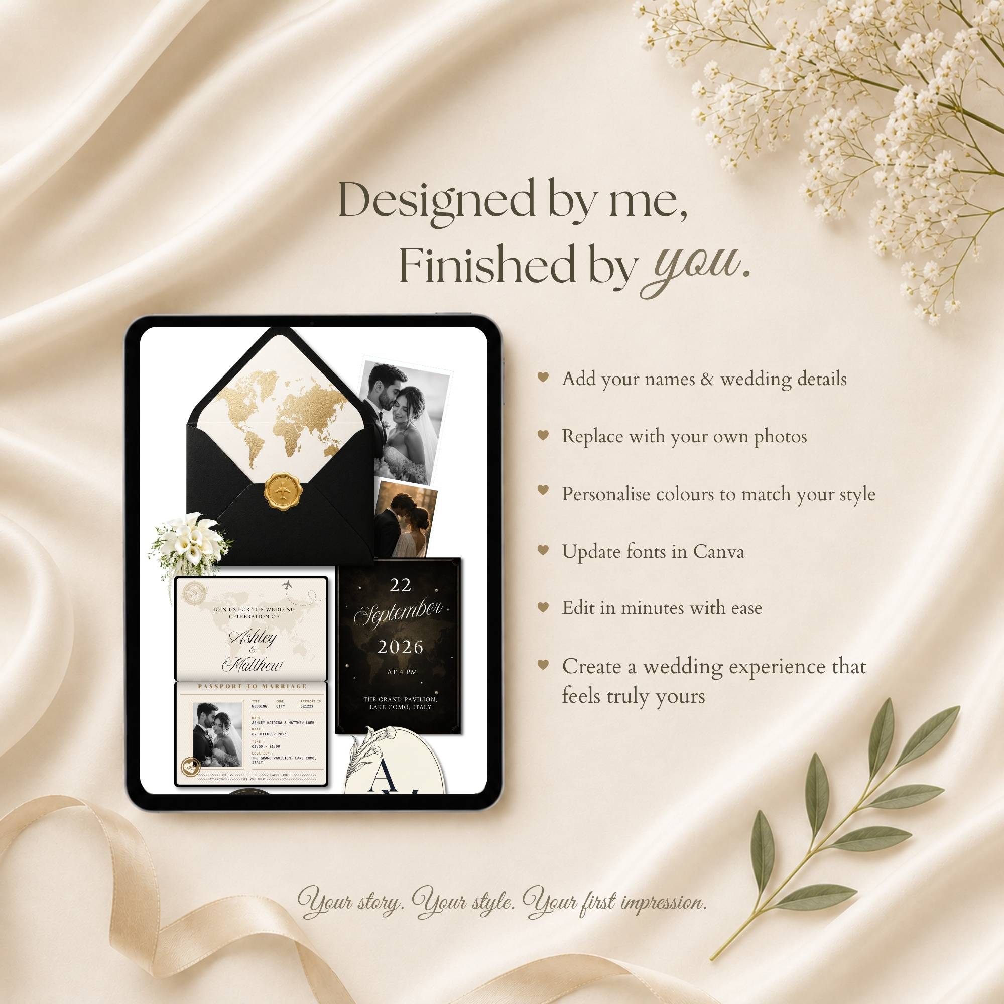 Luxury destination wedding website template with passport opening experience and RSVP form.