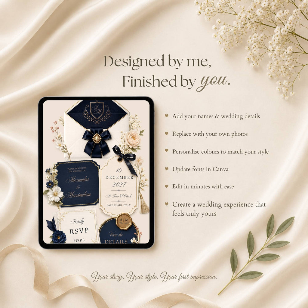 Wedding website with interactive envelope opening page and elegant ribbon embellishments