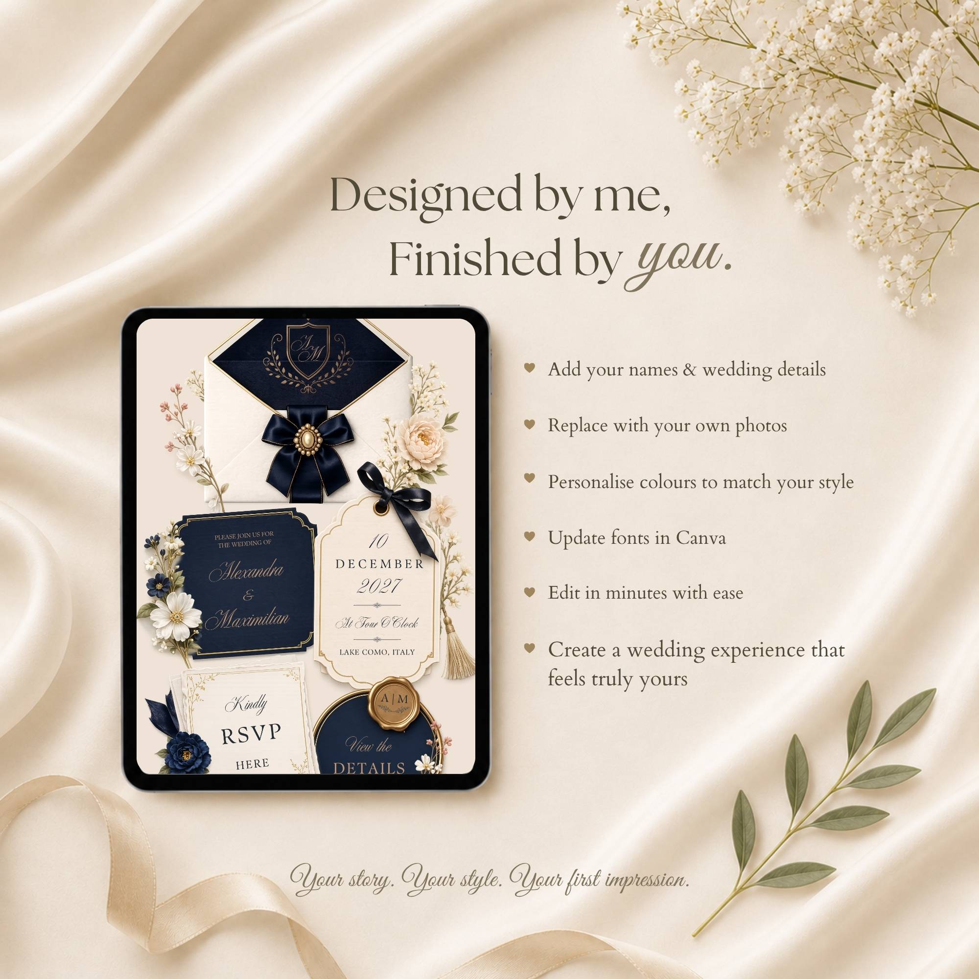 Wedding website with interactive envelope opening page and elegant ribbon embellishments