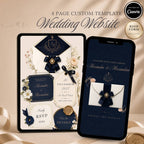 Luxury navy wedding website template with crest monogram and elegant envelope opening page