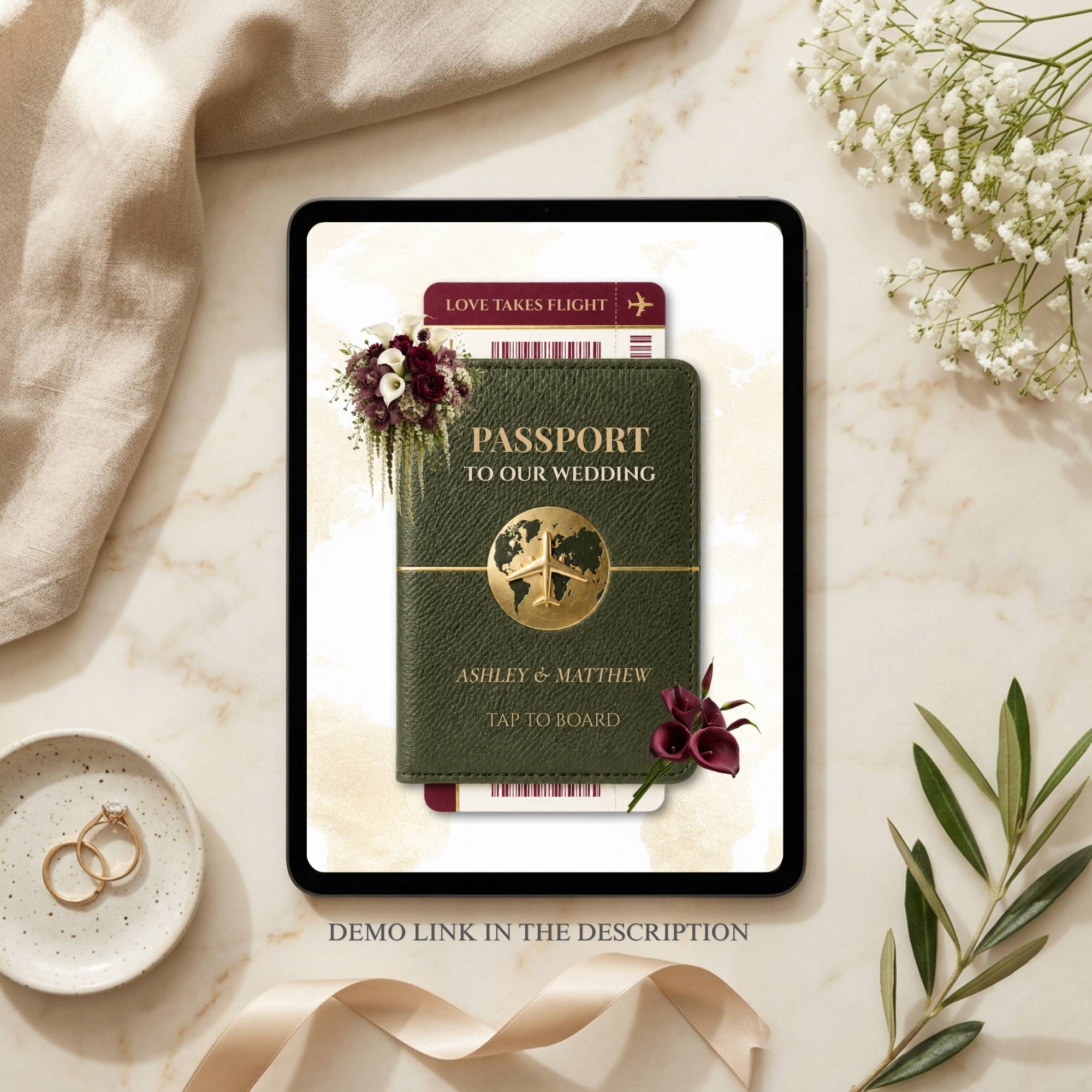 Luxury passport wedding website template for destination weddings with editable RSVP form