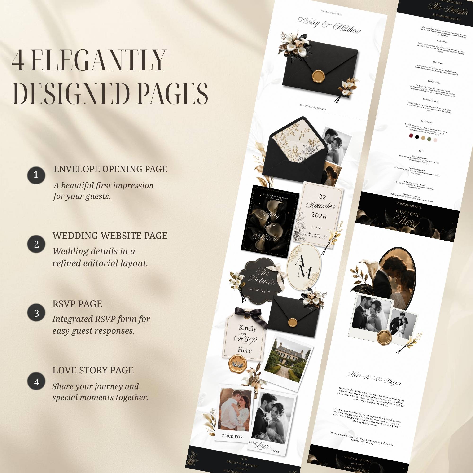 Black and gold Canva wedding website with editable RSVP form for guests