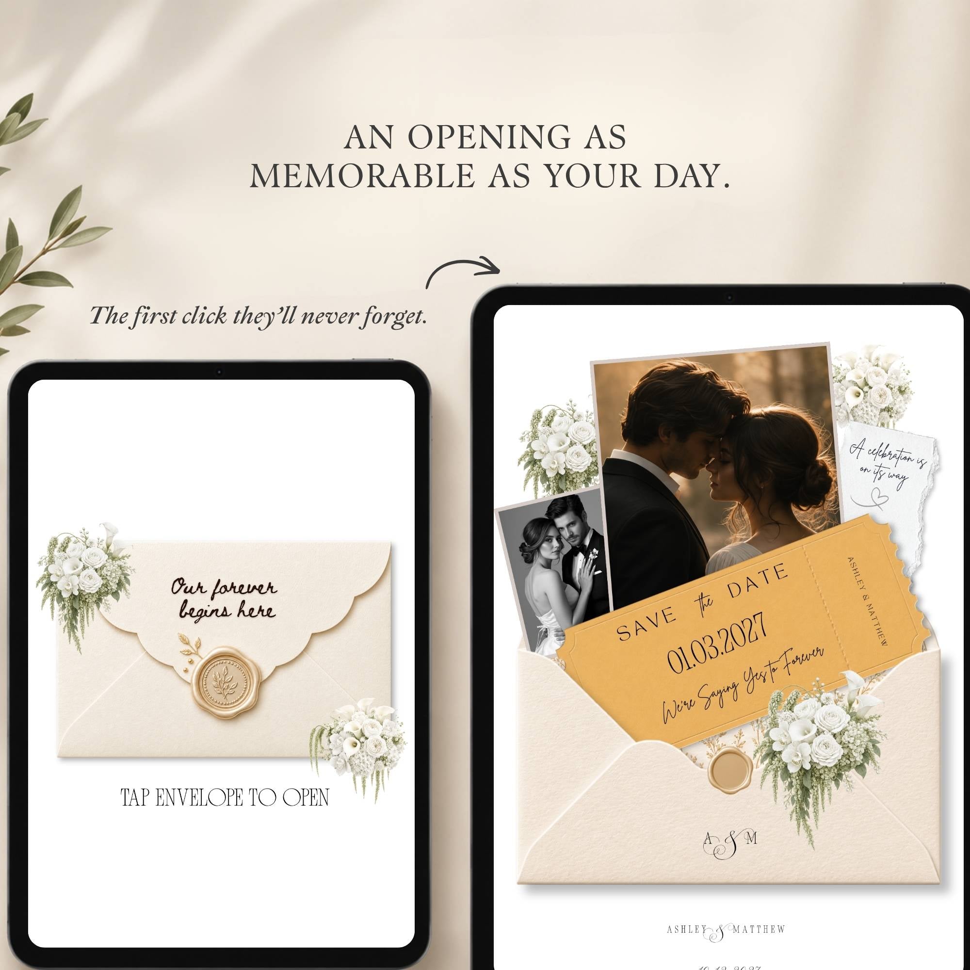 Champagne floral wedding save the date website with elegant digital invitation style